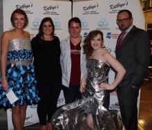 From left, model Kristen Ashe stands with sophomore apparels, textiles, and merchandising students Laura Richardson and Jesse Newton, model Ashtyn Bryant, and assistant professor Charles Freeman in the Mississippi Craft Center for the annual Project Rezway fashion show April 17, 2014. (Submitted Photo)
