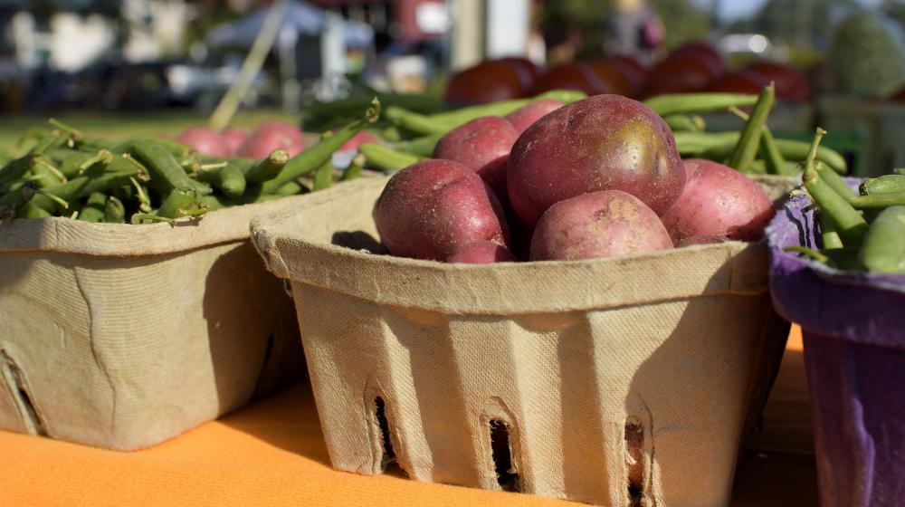 Red potatoes in a biodegradable basket are flanked on either side by green snap beans.