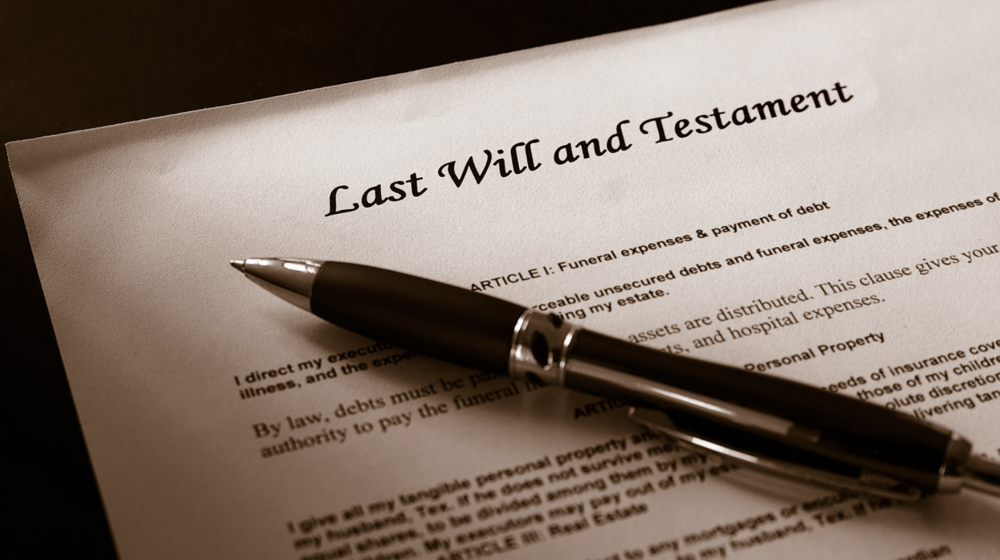 A pen lies on top of a will.