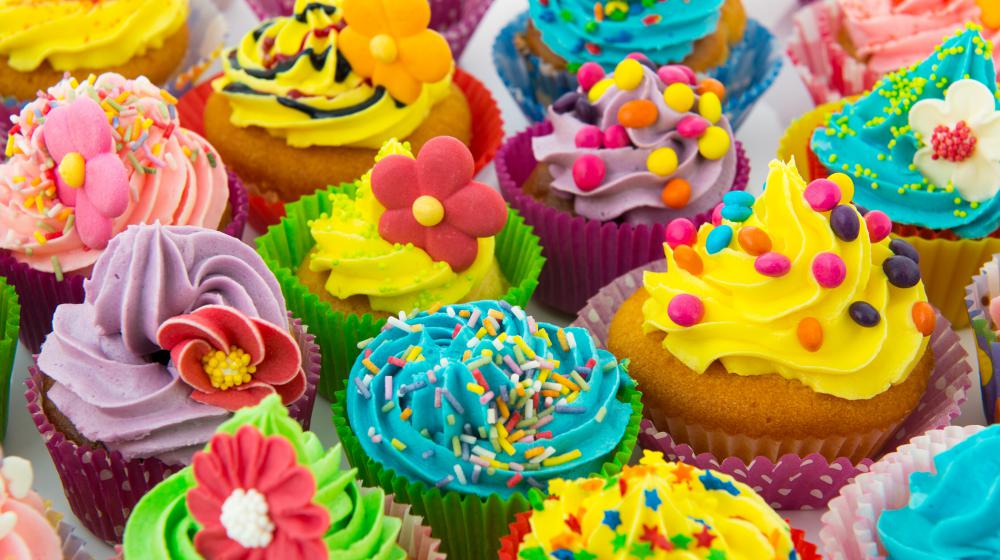 closeup of colorful, decorated cupcakes