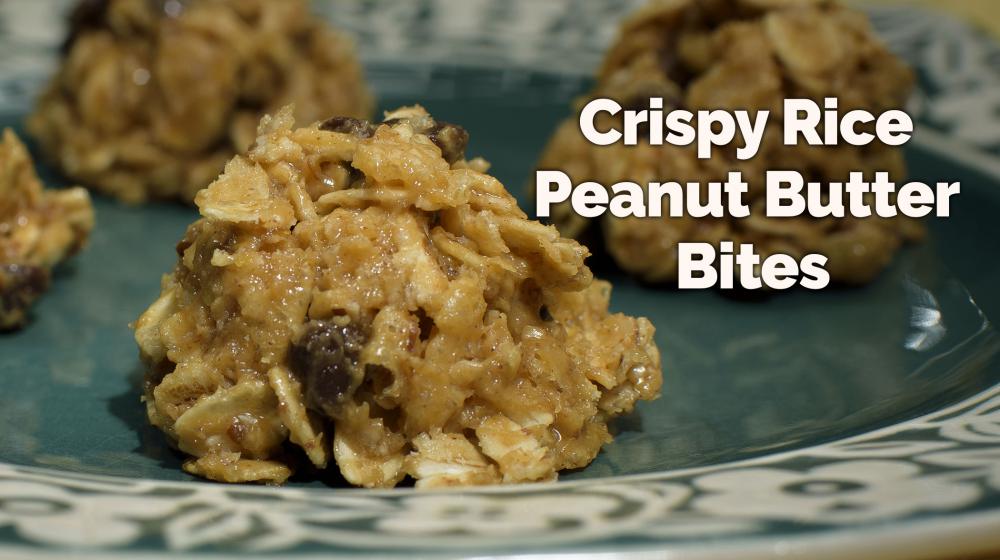 Four Crispy Rice Peanut Butter Bites made with oats, peanut butter, mini chocolate chips, crispy rice cereal, and honey sit on a small dark turquoise plate with a floral border. 