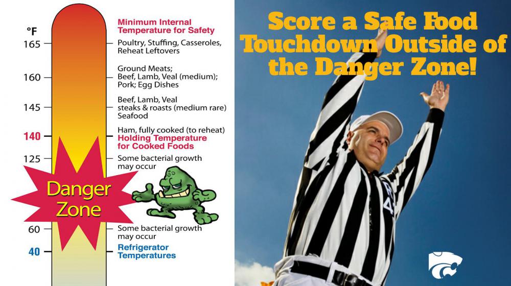 A football referee in a black and white striped shirt blows a whistle while another raises his arms to signal a touchdown. Another illustration uses a thermometer to depict the proper freezing, refrigeration, cooking and holding temperatures for food.