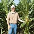 Brien Henry, an associate professor in the Mississippi State University Department of Plant and Soil Sciences, is visiting a research plot on June 19, 2014, at the R.R. Foil Plant Science Research Center, commonly known as North Farm. He is researching the effects of planting date, plant population and hybrid selection on field corn. (Photo by Mississippi Agricultural and Forestry Experiment Station/David Ammon)