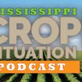 A logo that represents the Mississippi Crop Situation Podcast. The logo contains graphics that represent a tractor, the sun and a plant. 