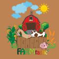 The FARMtastic logo depicts a red barn with a brown wooden fence and features a tan horse, a white and brown cow, a pink pig with gray spots, a corn plant on the left of the fence and a wheat plant on the right.