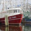 A red shrimp boat with similar boats behind and beside it.