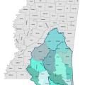 A map of the state of Mississippi with subbasins of the Mississippi Sound watershed highlighted in various shades of blue.