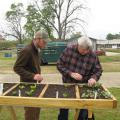 Ross Overstreet, Mississippi State University Extension agent in Lamar County, and Pine Belt Master Gardener Paul Cavanaugh check the progress of plants in the first demonstration salad table in 2013. The project grew in popularity and recently earned the Master Gardeners an international award for excellence. (File photo by MSU Extension Service/Liz Sadler)