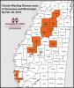 Regional map of Mississippi and Tennessee counties with cases of chronic wasting disease.