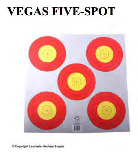 Vegas Five-Spot target with five red targets with circles of yellow in the middle of each.