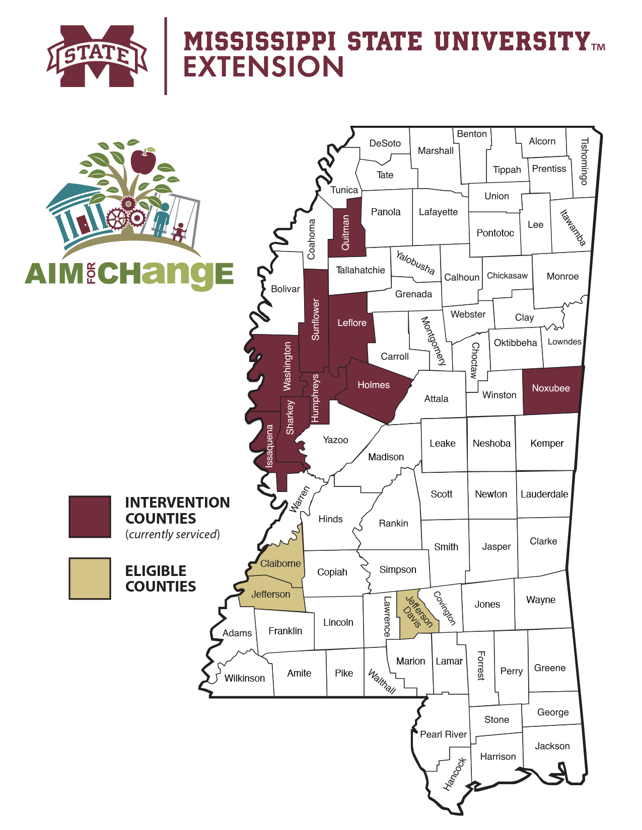 Map of Mississippi counties indicating the AIM for CHangE Phase 1 and Phase 2 areas. 