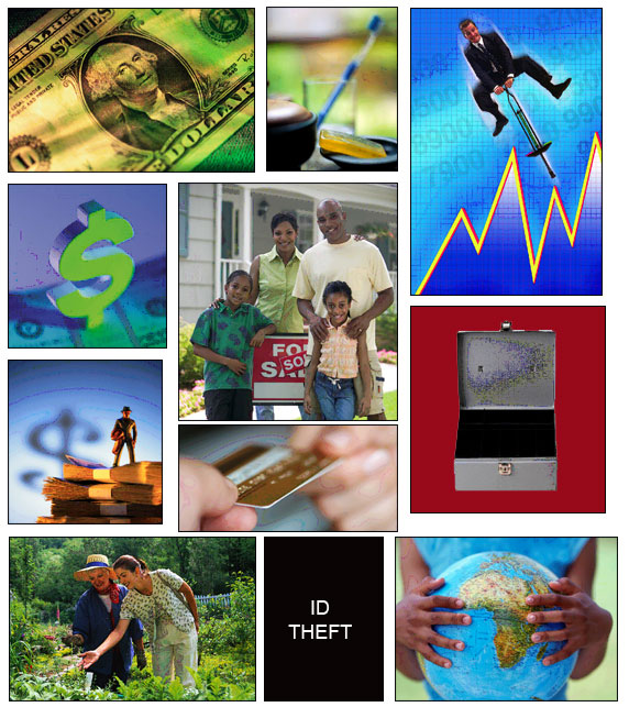 A collage of images representing family financial mangement.