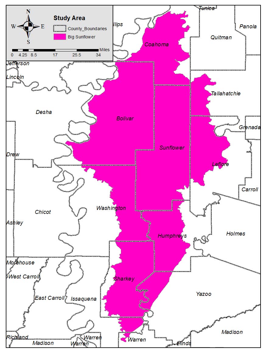 Portions of Mississippi counties—Bolivar, Coahoma, Humphreys, Issaquena, Leflore, Sharkey, Sunflower, Warren, Washington, and Yazoo—are highlighted to show the locations of the Sunflower River Basin eligible to participate in the research and Extension study.