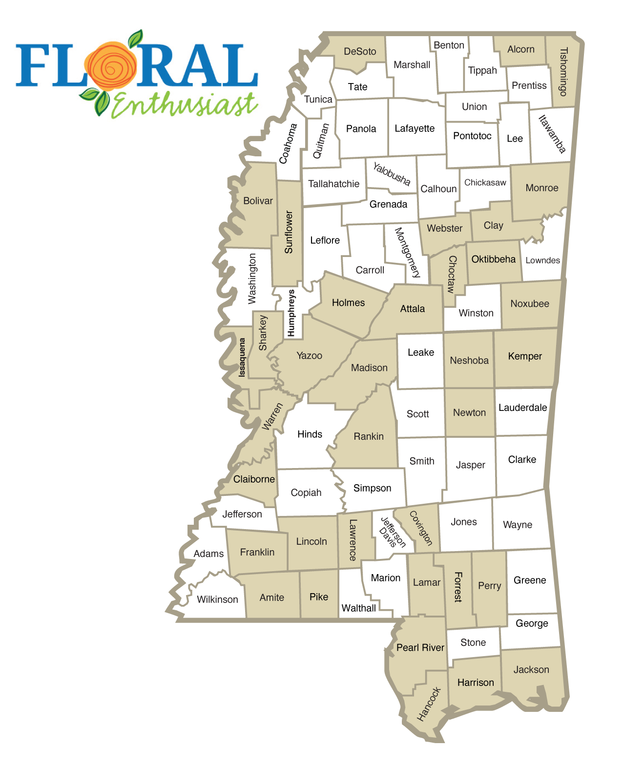 Mississippi map highlighting counties listed in text