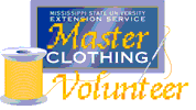 Master Clothing Volunteer logo has a needle and yellow, spooled thread.