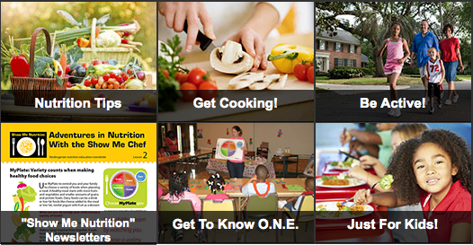A collage of images representing nutrition tips, get cooking, be active, show me nutrition newsletters, get to know o.n.e., and just for kids.