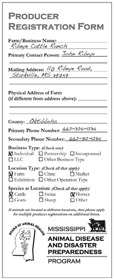 Example form with the following entries filled: farm/business name, primary contact person, mailing address, county, primary and secondary phone number, business type, and species at location. 