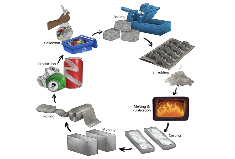 Illustration shows the aluminum can recycling process including key stages: collection of used cans, bailing into compact blocks, shredding into smaller pieces, melting and purification of the metal, casting into ingots, modeling and rolling the metal into sheets, and final production of new aluminum cans.