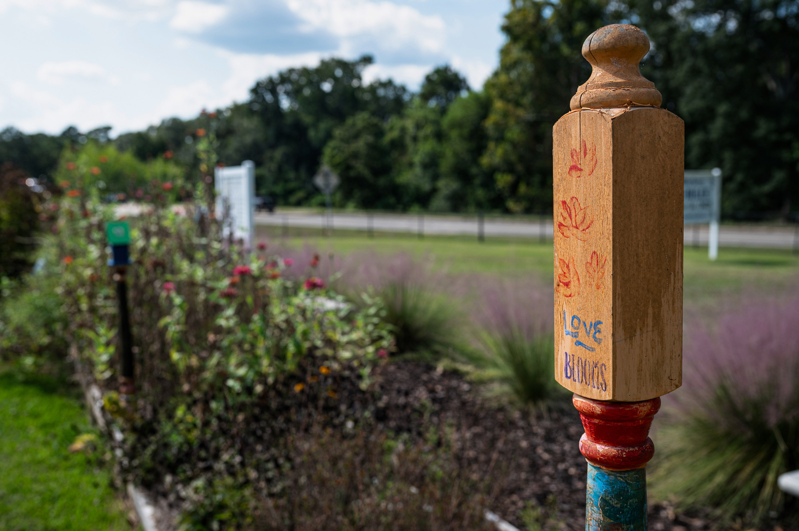 A post listing “Love Blooms” in front of a row of ornamental grasses and zinnias.