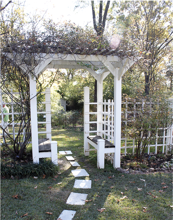 A white, wooden arbor with vines growing on it.