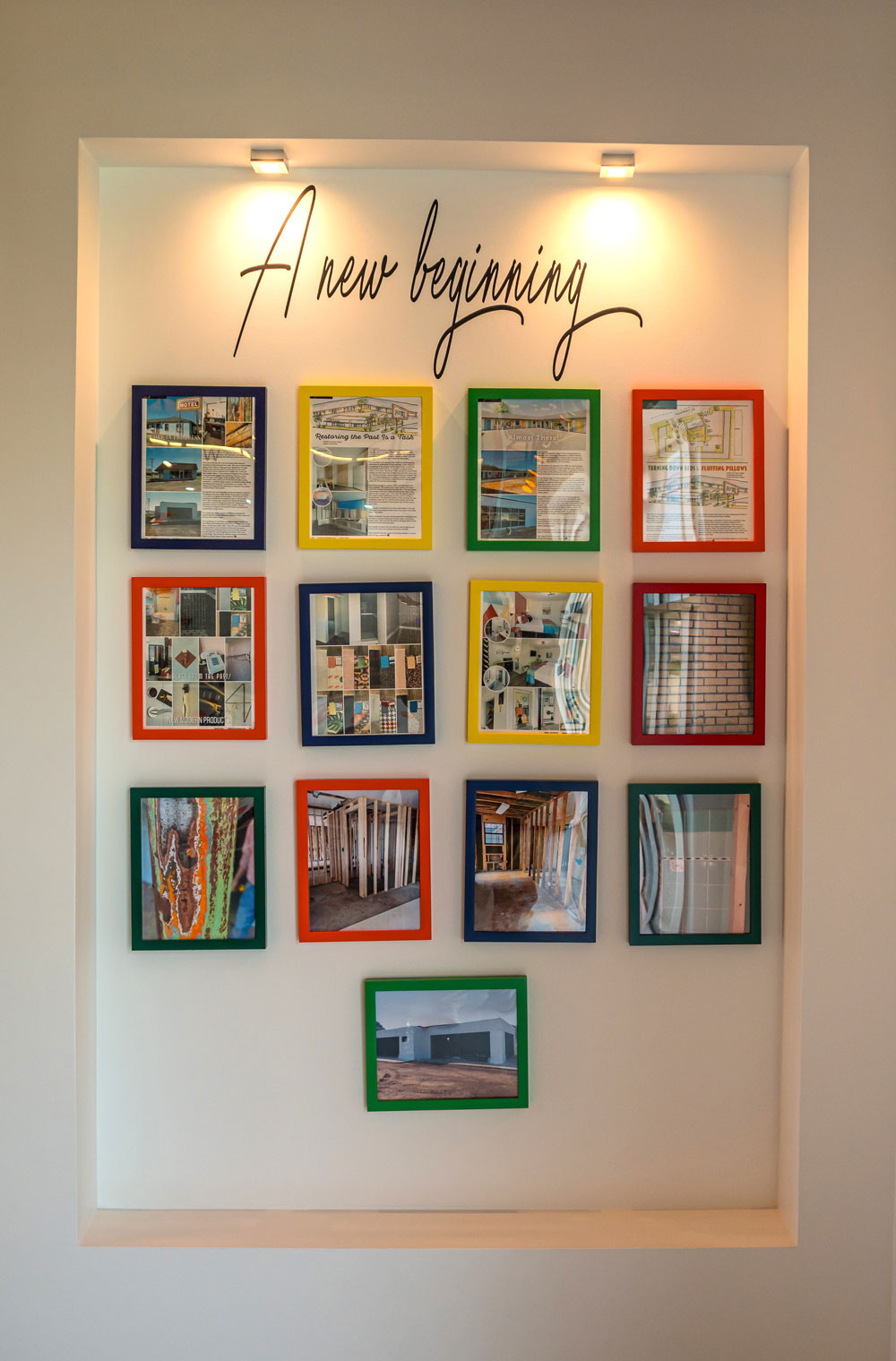 Thirteen photos hung on a wall under the script header “A new beginning.”