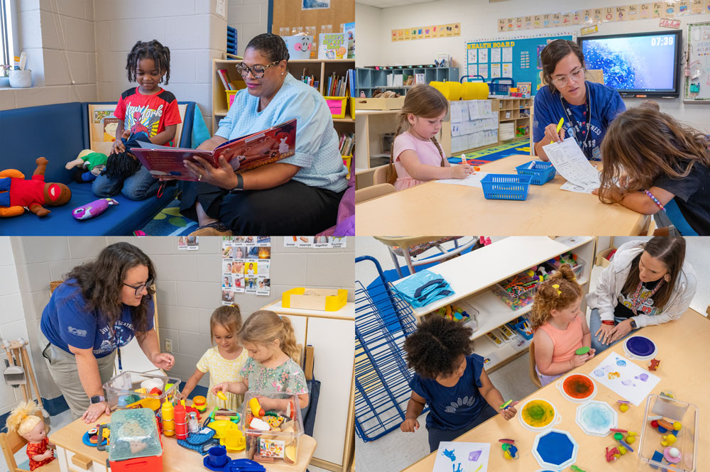 Image 1 shows a smiling adult showing a smiling child an open book. Image 2 shows an adult sharing a letter worksheet with a child. Image 3 shows two children painting as an adult looks on. Image 4 shows children using plastic vegetables to build plates as an adult looks on.