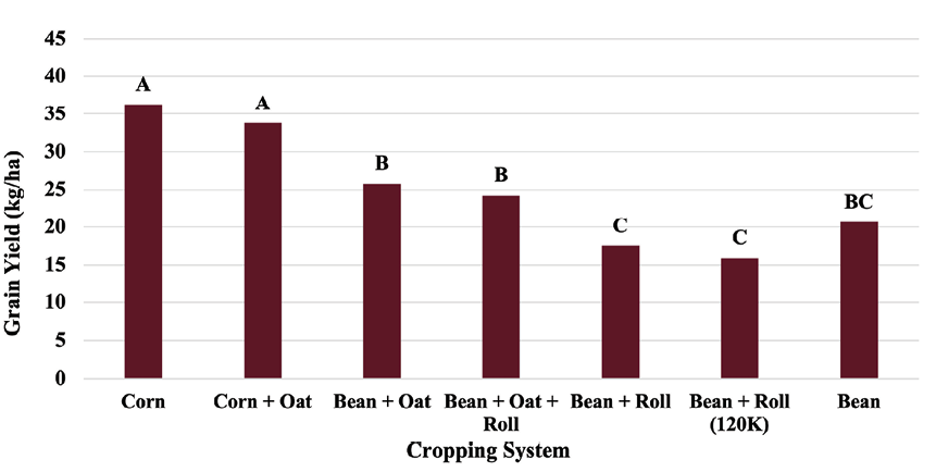 Bar chart showing the average grain yield of seven cropping systems. The following table gives the data presented in Figure 4.