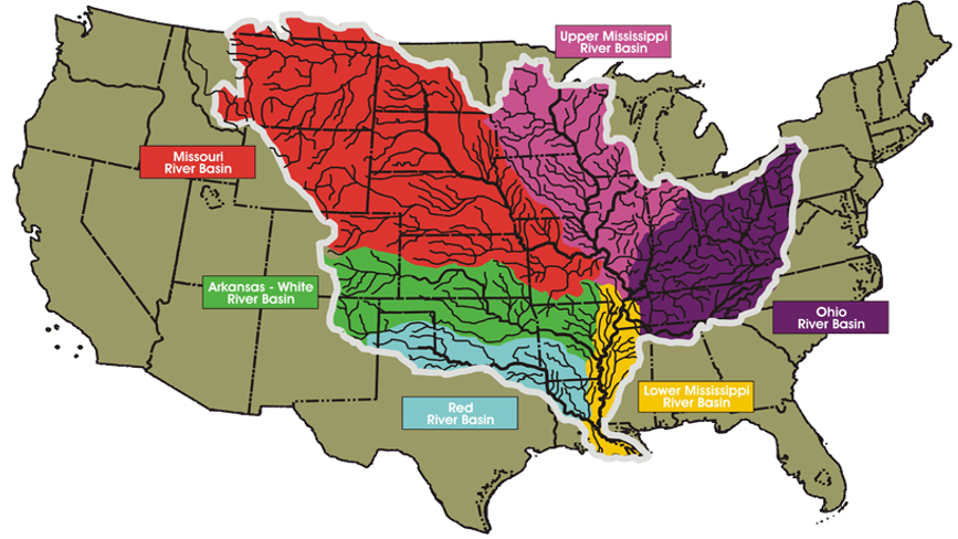 Map of the United States showing the Mississippi River drainage basin divided into the Missouri, Arkansas-White, Red, Upper Mississippi, Ohio, and Lower Mississippi river basins, which converge toward the Gulf of America (Gulf of Mexico).