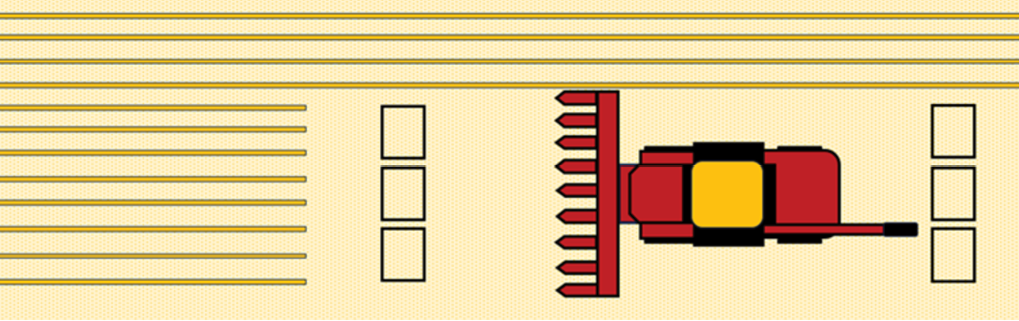 Illustration of a combine with PVC pipe perimeters represented by three rectangles behind the machine and three rectangles in front of the machine. 
