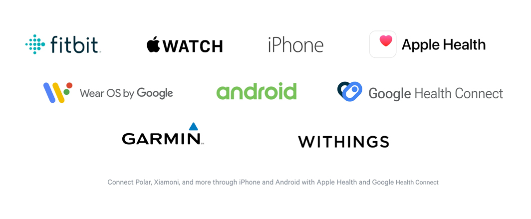 Logos of various app makers, e.g., Fitbit, Apple Watch, iPhone, Apple Health