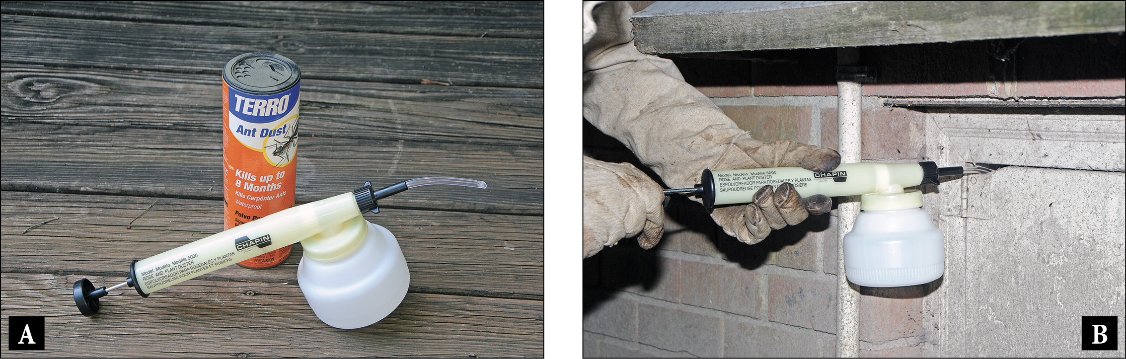 9A. A spray device and a can of ant dust. 9B. A person uses a garden duster to spray insecticide into a crack.