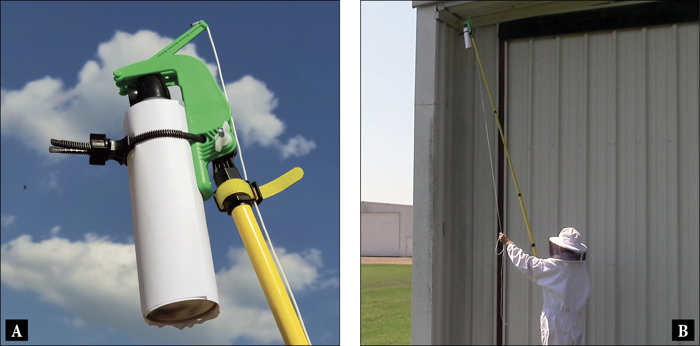 12A. Closeup of a sprayer mounted on a pole. 12B. A person holds the long pole and operates the sprayer by pulling a string to apply pesticide at the top of a tall building.