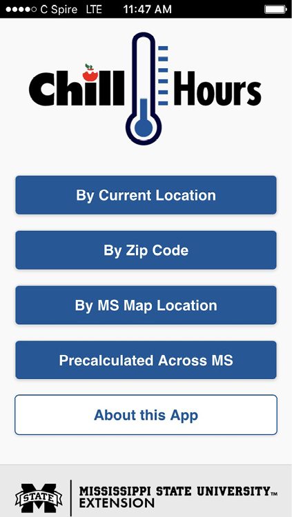 A screenshot of the Chill Hours application on a phone. The application shows the heading "Chill Hours," and below it has five different buttons to select. The first button reads "By Current Location." The second button reads "By Zip Code." The third button reads "By MS Map Location." The fourth button reads "Precalculated Across MS." The fifth button reads "About this App." At the bottom, there is the Mississippi State University Exten