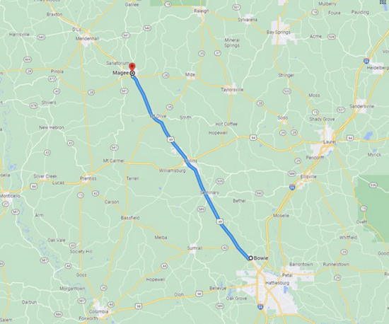 A map image illustrates the distance of 40 miles from Magee, Mississippi to Bowie, Mississippi.
