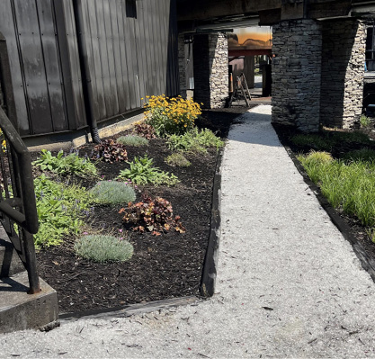 A glass mulch walkway and landscaping near a building.