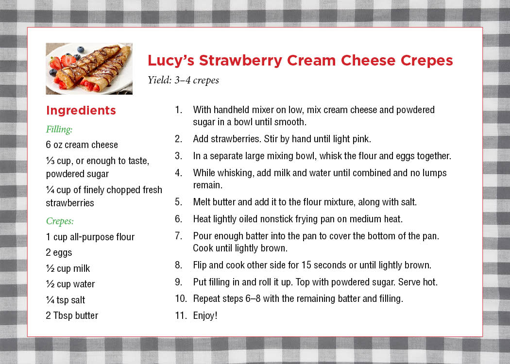 Recipe card graphic for Lucy's Cream Cheese Crepes