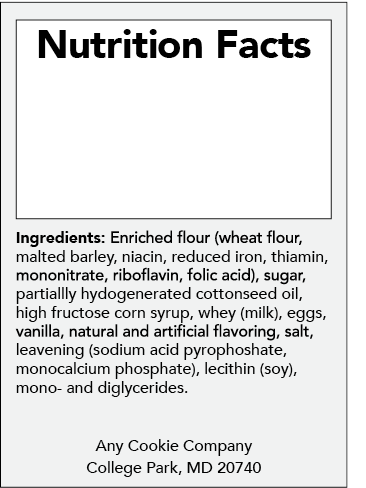Example nutrition facts label for Option 1 with an ingredients list but no "contains" statement.