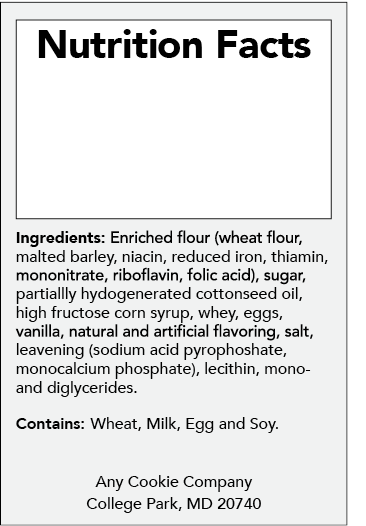 Example nutrition facts label for Option 2 with an ingredients list with this statement: Contains: Wheat, Milk, Egg, and Soy.