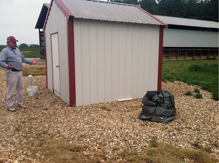 A small well house is surrounded by a layer of gravel. The walls are constructed from vertical metal panels and painted gray with red trim. The sloped roof is made of the same materials and colors.