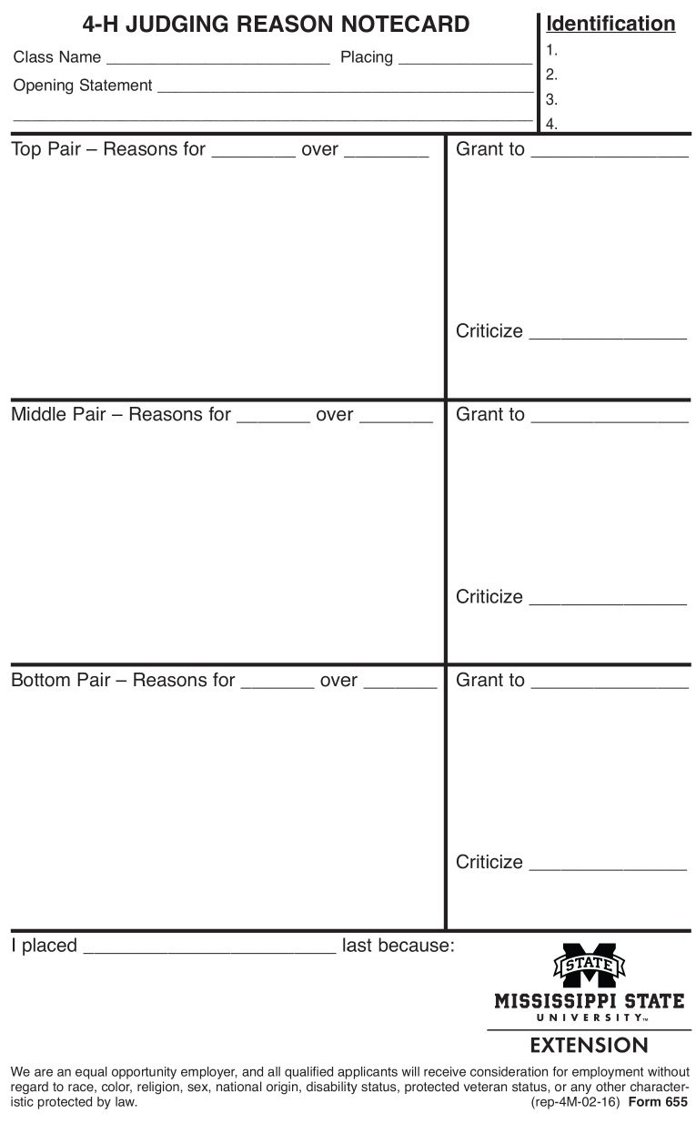 4-H Judging reason notecard.