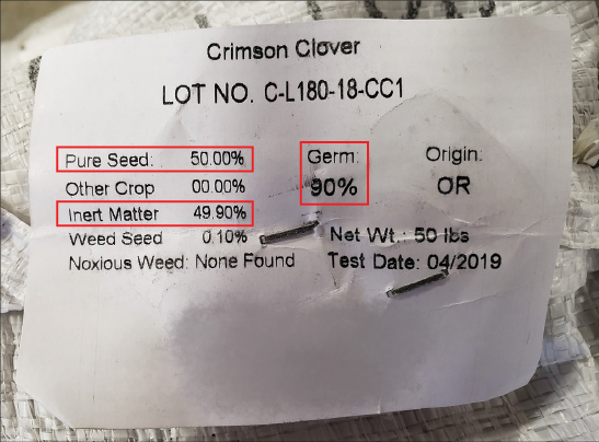 A seed label for Crimson Clover with boxes highlighting that the bag contains 50 percent pure seed and 49.90 percent inert matter, and that the germination rate is 90 percent.