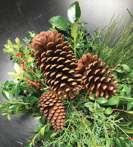 Three pine cones attached to the center of the arrangement. A larger cone is center and a bit higher than the two smaller cones on either side.