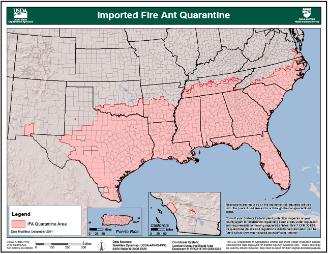 A map of the southeastern United States partially shaded red to indicate location of fire ant quarantine. The red area covers Louisiana, Mississippi, Alabama, Georgia, South Carolina, Florida, and portions of Texas, Oklahoma, Arkansas, Tennessee, and North Carolina. 