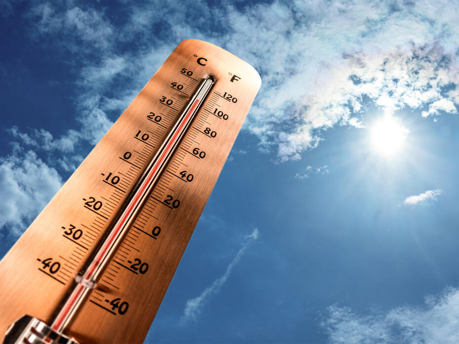Thermometer facing the sky with a reading of 100 degrees F.