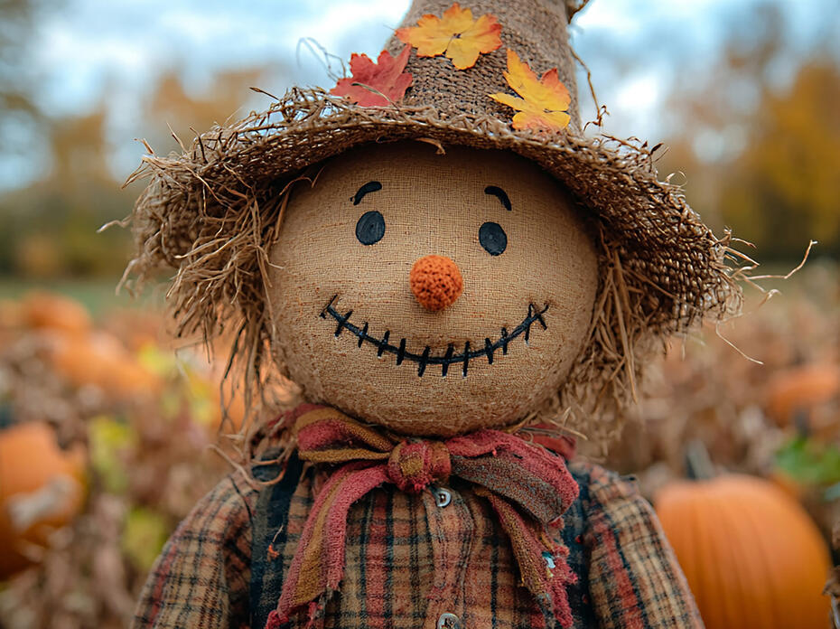 Scarecrow with a rustic outfit in a pumpkin patch during harvest season.