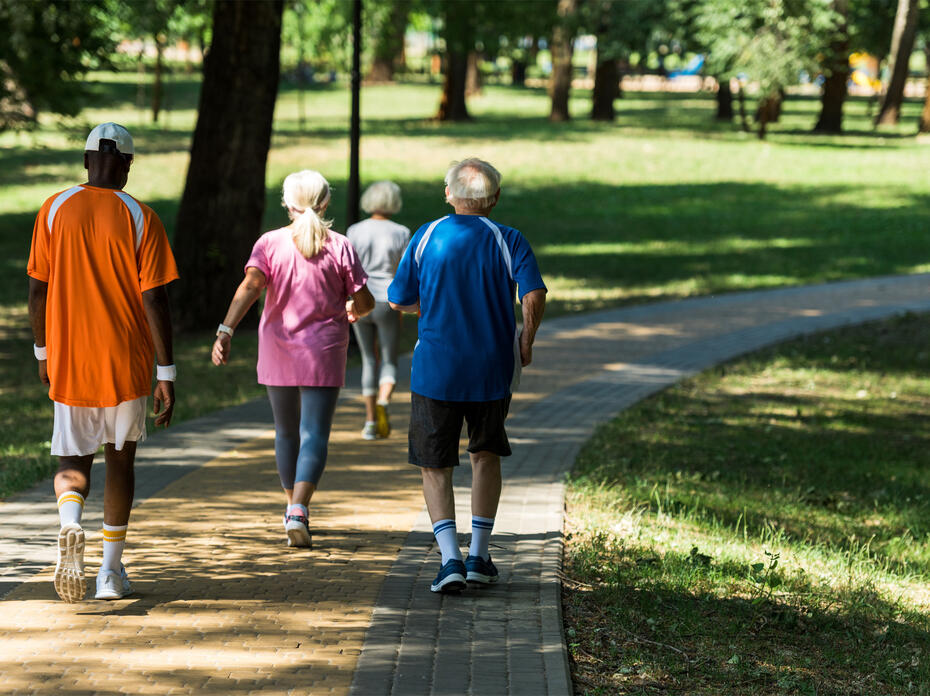 Four people walking in a park