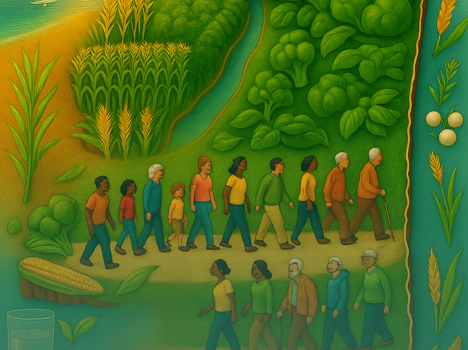 Illustrated map of Mississippi features people walking in green fields, fresh produce, and a setting sun.