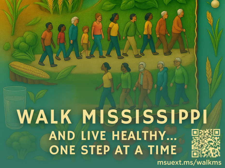 Walk Mississippi promotional graphic is an outline of the state of Mississippi filled in with various crops and people walking.