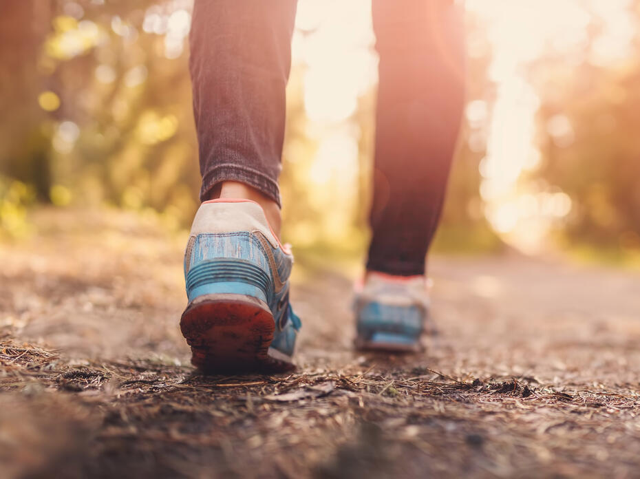 Close-up of woman’s legs hiking in the forest.