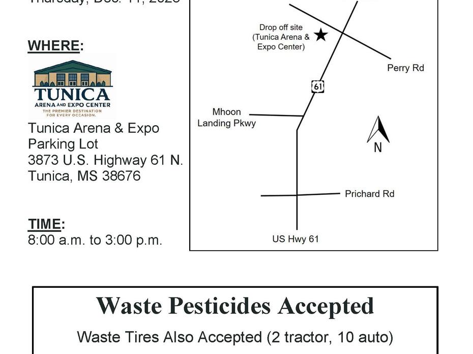 This map and flyer show the location and details of the Tunica County Waste Pesticide Disposal Event and what products will be collected that day. 